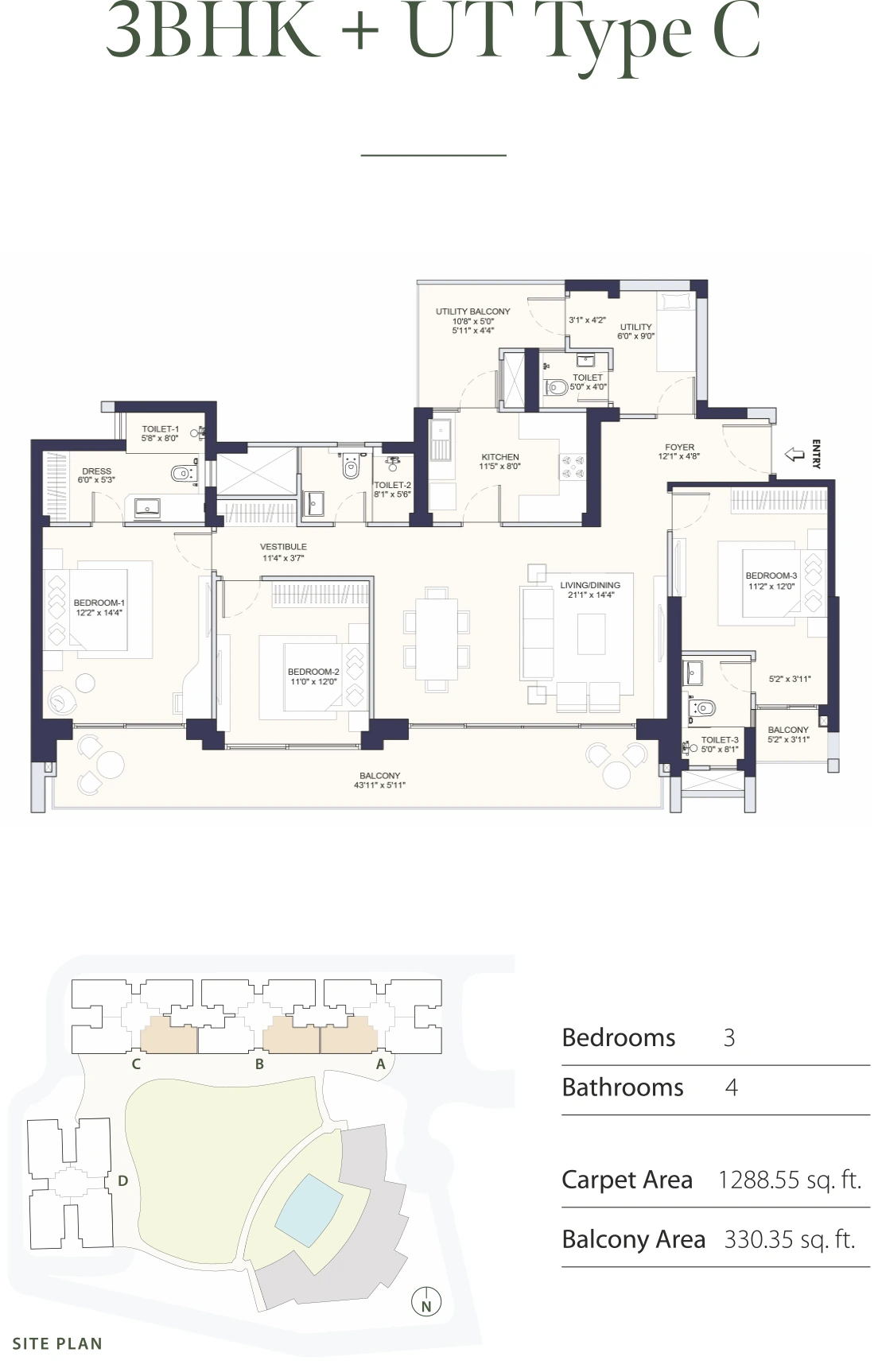 3 BHK + UT TYPE C