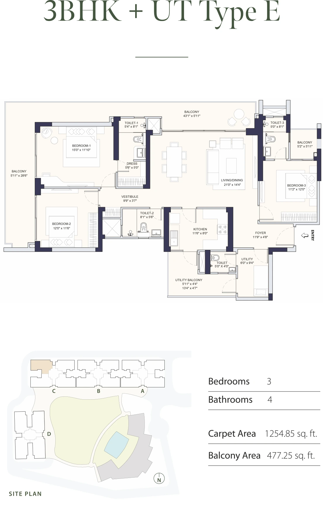 3 BHK + UT TYPE E